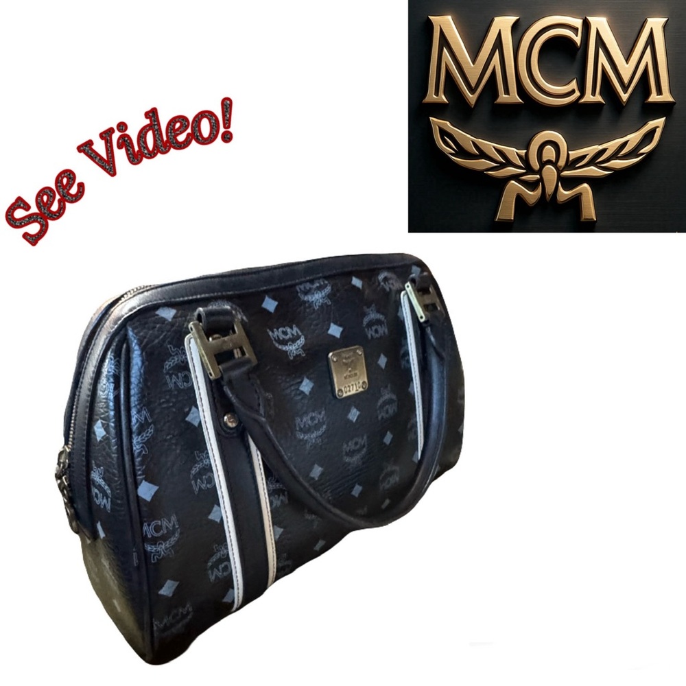 ⚜️Rare!! MCM Visetos Logo Leather Boston Bag Black w/ Print & Black&white Trim👑 - Picture 14 of 14